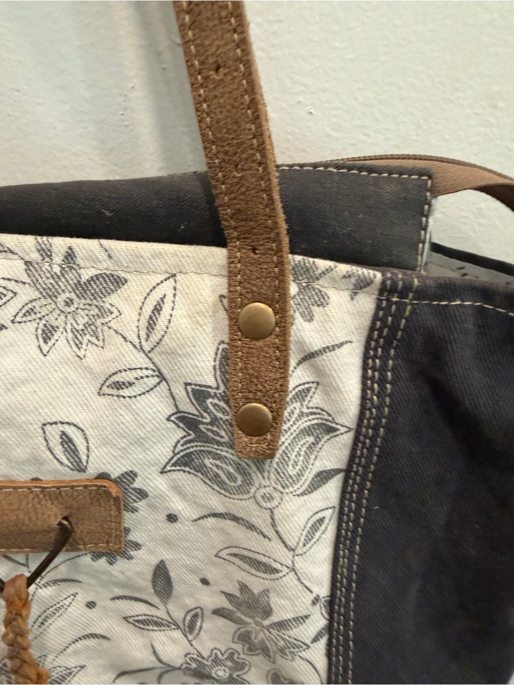 Myra Bag Black and White Floral Canvas Tote with Brown Accents - Picture 5 of 13
